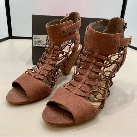 Vince Camuto Bootie Adult 8.5 Smoke Taupe VC-Evel Stacked Block Heel Open Toe - Picture 2 of 12